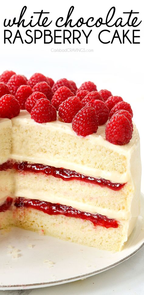 Raspberry Filled Cake Recipe, Round Cake Recipes, White Cake With Raspberry Filling, Unique Cake Ideas, Start Jogging, White Chocolate Raspberry Cake, Raspberry Cake Recipes, Swiss Cake, White Chocolate Frosting