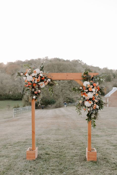 Wedding Arch Fake Flowers, Minimalist Arch Wedding, Flower Arbour Wedding, Wedding Arbor Flowers Simple, Rectangle Arch Wedding, Wedding Arch Flowers Simple, Ceremony Wooden Arch, Florist Reference, Wedding Wooden Arch