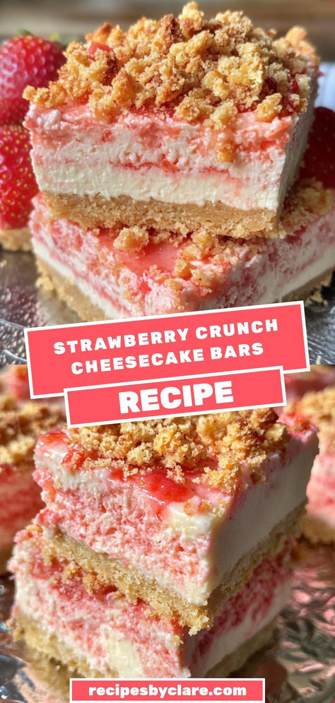 These Strawberry Crunch Cheesecake Bars combine creamy cheesecake with a crunchy strawberry-flavored topping. A deliciously fruity and crunchy treat that’s perfect for any occasion!

Ingredients:

1 ½ cups graham cracker crumbs
2 (8 oz) packages cream cheese, softened
1 cup strawberry-flavored cereal
Each bite is a perfect blend of creamy and crunchy goodness! Cranberry Crunch Bars, Baked Strawberry Dessert, Cheesecake Churro Bars, Crunchers Bars, Mini Strawberry Crunch Cheesecake, Churros Cheesecake Bites, Strawberry Cheesecake Brownies Recipe, Protein Strawberry Cheesecake Bars, Berrylicious Strawberry Crunch Cheesecake