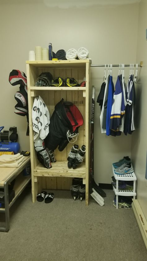 Basement Hockey Storage, Basement Locker Room Ideas, Hockey Organization Storage Ideas, Hockey Locker Room Ideas, Hockey Gear Organization, Hockey Storage Garage, Garage Hockey Storage, Hockey Locker Diy, Hockey Gear Storage Ideas