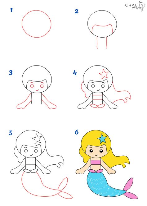 Painting Mermaids Easy, How To Draw Mermaids Step By Step, Easy Draw Step By Step, Mermaid Doodle Easy, Kids Step By Step Drawing, Easy To Draw Mermaid, Kids How To Draw Step By Step, Drawing Ideas For Kids Step By Step, How To Draw Easy Animals