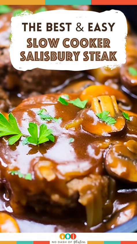 Discover the ultimate comfort food: Slow Cooker Salisbury Steak. Tender beef patties in rich mushroom gravy, served over creamy mashed potatoes. Your family's new favorite – try it today! Salisbury Steak In Crockpot Slow Cooker, Slow Cooker Salsberry Steak, Salisbury Steak Recipe Crockpot Easy, Salisbury Steak Recipe Slow Cooker, Salisbury Steak Crockpot Recipes, Salisbury Steak In Crockpot, Salsbury Steak Crockpot, Salisbury Crockpot, Hamburger Steak Crockpot