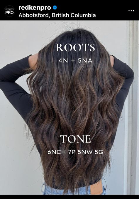 Ash Brown Hair Formula Redken, Ash Brown Redken Formula, Ash Brown Balayage Shades Eq Formula, Shades Eq Cool Brown Formula, Brunette Hair Formulas, Redken Brunette Formulas, Hairdye Ideas, Dark Ash Brown Hair, Color Formulations