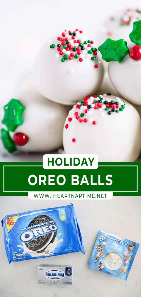 Christmas Dessert Goodie Bags, Christmas Cookies Oreo Balls, Snowmen Oreo Balls, Oreo And Cream Cheese Balls, White Chocolate Oreo Balls, White Oreo Balls, Christmas Oreo Balls Recipe, Oreo Balls Recipe Christmas, Oreo Cookie Balls Christmas