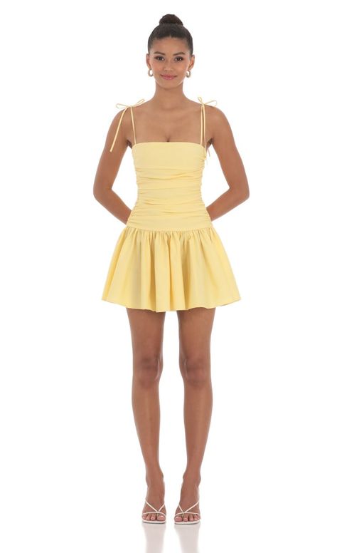 Ruched Fit and Flare Dress in Yellow | LUCY IN THE SKY Fluttershy Dress, Rush Week Outfits, Sorority Recruitment Outfits, Rush Outfits, Semi Dresses, Recruitment Outfits, Cute Homecoming Dresses, Yellow Mini Dress, Rush Dresses