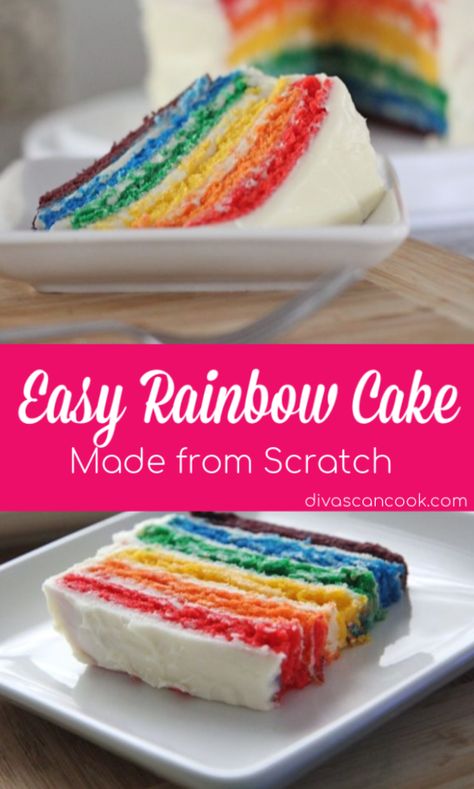 Rainbow Cake Recipe From Scratch, Easy Rainbow Cake Recipe, Easy Rainbow Cake, Rainbow Cake Recipe, Cake Recipe From Scratch, Rainbow Layer Cakes, Divas Can Cook, Cakes To Make, Colorful Cake