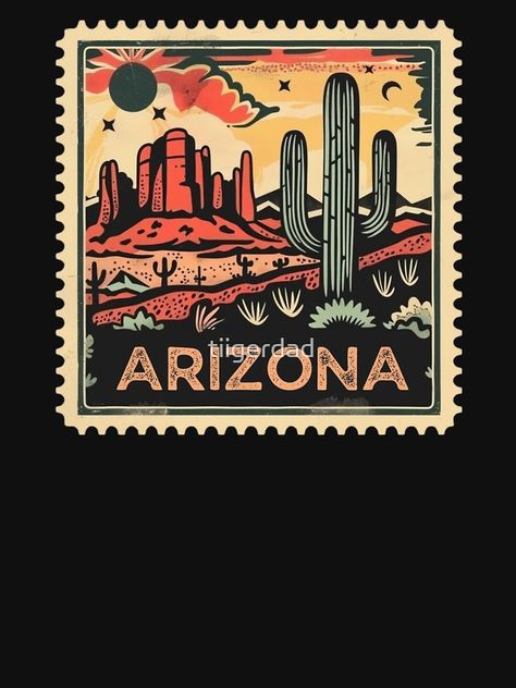 "Vintage Arizona Desert Landscape Stamp Art" Active T-Shirt for Sale by tiigerdad | Redbubble Vintage Phoenix Arizona, Desert Inspo, Arizona Golf, Arizona History, Graphic Shirt Design, Flagstaff Arizona, Vintage Arizona, Vintage Style Art, Arizona Desert