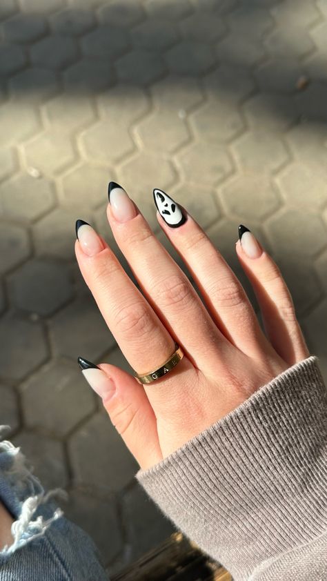 halloween nails, black french tip, ghostface, scream, mask Black Ghostface Nails, Valentines Scream Nails, Simple Black Almond Nails, Halloween Black French Tip Nails, Halloween Valentines Nails, Scream Nails Easy, Ghostface Acrylic Nails, Halloween Ghostface Nails, Halloween Nails Black French Tip