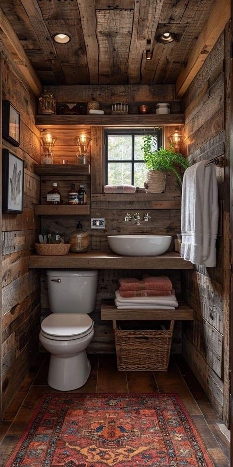 Lakehouse Cabin, Cabin Bathrooms, Rustic Bathroom Designs, Bathroom Farmhouse Style, Cabin Interiors, Rustic Bathrooms, Tiny Cabin, Small Bathroom Storage, Tile Shower Ideas