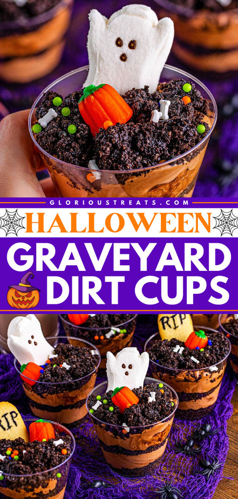 These Halloween Graveyard Dirt Cups are fun Halloween treats that are a festive take on the traditional pudding dirt cup dessert! They make a great addition to your easy Halloween party ideas! Halloween Graveyard Cups, Dirt Cups Halloween Dessert, Halloween Graveyard Dirt Cups, Pudding Halloween Cups, Pumpkin Patch Pudding Cups, Halloween Pudding Cups Ideas, Jello Dirt Cups, Halloween Kids Party Food Snacks Ideas, Halloween Mud Cups