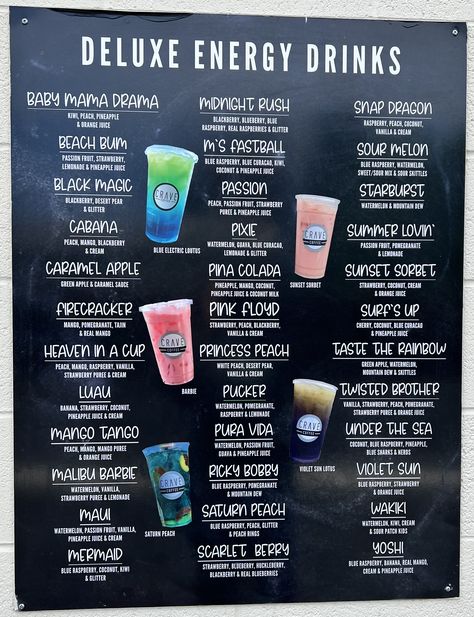 Aroma Joes Rush Flavor Combos, V8 Energy Drink Recipe, Tiki Breeze Energy Recipes, Dirty Energy Drinks, Torani Redbull Drinks, Red Bull Spritzer Flavors, Redbull Energy Drink Recipes, Energy Drink Mixed Drinks, Redbull Drinks Flavored