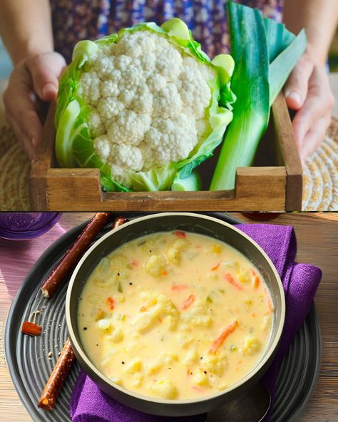 Creamy Cauliflower, Leek, and Cheddar Soup - Greenku Recipes Soup Without Meat, Soup Lovers, Roasted Cauliflower Soup, Cauliflower Soup Recipes, Resep Diet, Creamy Cauliflower, Leek Soup, Cheddar Soup, Cauliflower Soup