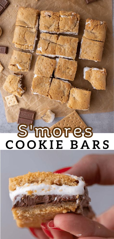 These delicious s'mores cookie bars are filled with delicious marshmallow creme and chocolate bars in the center. Pie, Essen, Lifestyle Of A Foodie, Smores Dessert, Smore Recipes, Dessert Bar Recipe, Cookie Bar, Marshmallow Creme, Bar Recipes