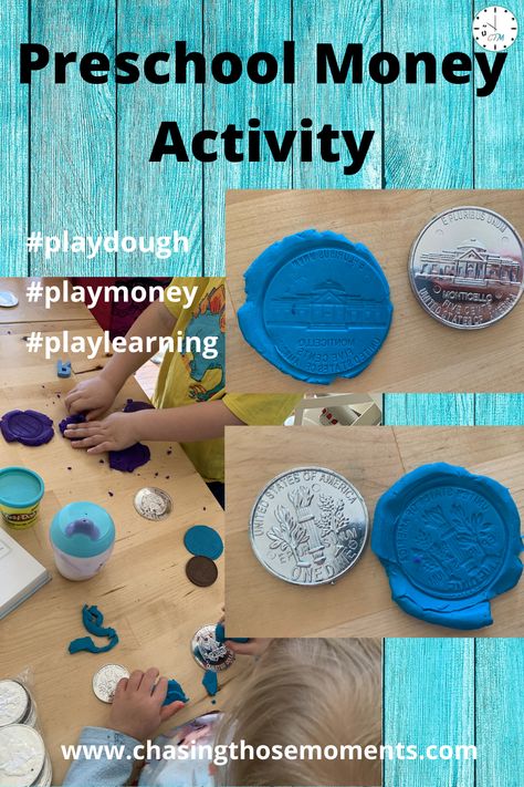 What a fun way to study money while playing with play dough! Your preschooler will love making these coin play dough impressions as much as mine did! Great for 2-6 year olds! #moneyactivities #preschool #preschoollearningactivities #preschoolplaydoughideas #preschoolmoneygames Coins Activities For Kindergarten, Money Sensory Activities, Preschool Coin Activities, Kindergarten Coin Activities, Prek Money Activities, Preschool Money Crafts, Money Preschool Craft, Coin Activities Preschool, Money Learning