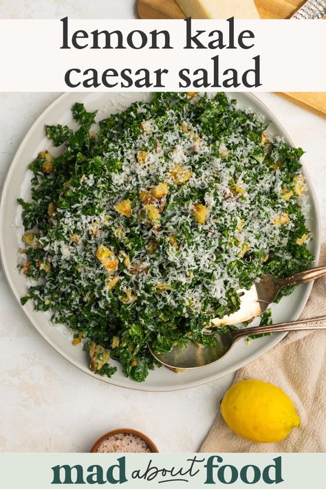 Make a flavorful Lemon Kale Caesar Salad for the perfect side salad. Massage kale in a simple homemade lemon caesar dressing and top with lemon zest and parmesan cheese. Kale Cesar Salad, Massage Kale, Lemon Kale Salad, Awesome Salads, Lemon Kale, Chicken Caesar Pasta, Kale Caesar, Chicken Caesar Pasta Salad, Lemon Salad