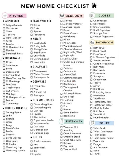 First Home Essentials, First Home Checklist, Moving House Tips, First Apartment Tips, Home Checklist, House Checklist, New Home Essentials, First Apartment Essentials, New Home Checklist