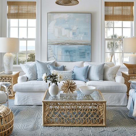 Hampton Style Beach House, Coastal Living Room Apartment, Costal Grandma Aesthetic Living Room, Serena And Lily Living Room, Coastal Modern Living Room, Sunny Living Room, Blue Apartment, Modern Coastal Living Room, Chic Living Room Decor