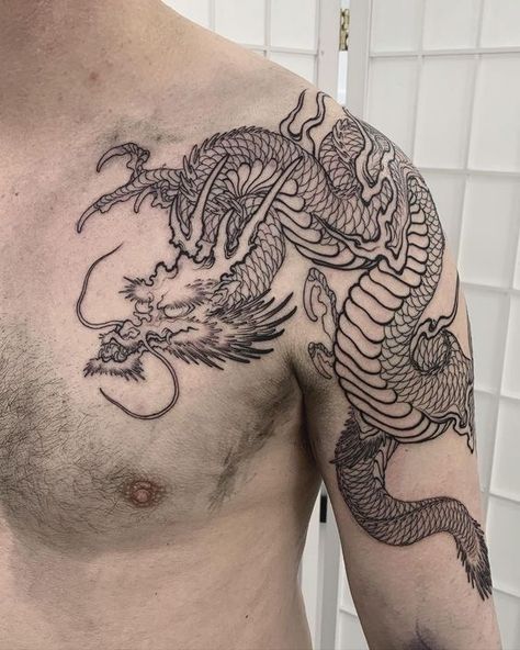 Symmetrical Dragon Back Tattoo, Japanese Dragon Shoulder Tattoo, Dragon Tattoo Upper Arm, Dragon Chest Tattoo, Dragon Tattoo Shoulder, Dragon Tattoo Chest, Dragon Tattoo Arm, Dragon Tattoo Ideas, Dragon Tattoos For Men