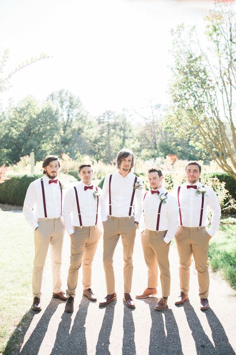 Burgundy suspenders and bow ties Groomsmen Attire Fall Wedding, Groomsmen Attire Suspenders, Khaki Groomsmen, Rustic Groomsmen Attire, Fall Wedding Groomsmen, Khaki Wedding, Grooms Outfit, Groom Suspenders, Groomsmen Suspenders