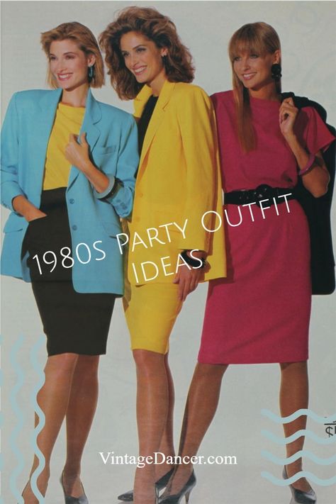 Bring on the eye popping colors! These 1980s outfits are a blast to wear at your next party. Girls and guys outfit ideas at VintageDancer.com 80s Blazer Outfit Party, 1980s Prom Theme, 1980s Couples Costume Ideas, 80s Power Suit For Women, 80’s Fancy Dress, 80 Theme Party Outfit 80s Style, 1980s Outfit Ideas, 80s Party Outfits Couples, 1980s Party Outfits