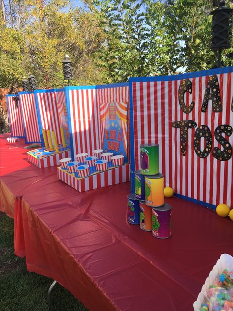 Carnival party game ideas Kindergarten Carnival, Circus Vbs, Carnival Fundraiser, Felix Birthday, Circus Themed Birthday Party, Carnival Party Games, Backyard Carnival, Circus Birthday Party Theme, Carnival Games For Kids