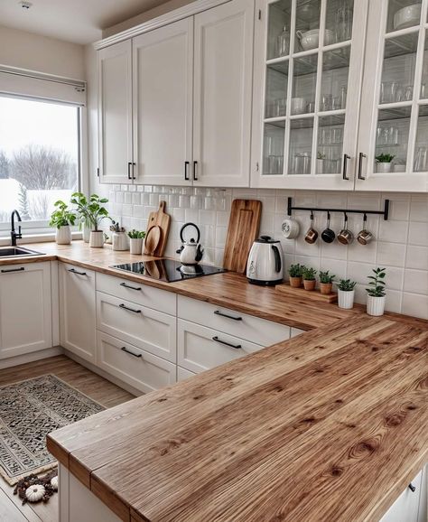 Small Modern Farmhouse Kitchen Ideas, Boho Kitchen Countertop, Kitchen Remodel Wood Countertops, White Wood Cabinets Kitchen, White And Brown Farmhouse Kitchen, Small Vintage Kitchen Remodel, White Kitchen Wooden Countertop, Cream Cabinets With Butcher Block Top, Clean Aesthetic Kitchen