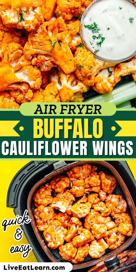 Photo of the finished air fryer buffalo cauliflower wings with the text 'quick and easy' Vegetarian Finger Food, Air Fryer Buffalo Cauliflower, Optavia Hacks, Buffalo Cauliflower Wings, Buffalo Cauliflower Recipes, Vegetarian Chili Easy, Baked Buffalo Cauliflower, Vegetarian Appetizer, Cauliflower Buffalo Wings