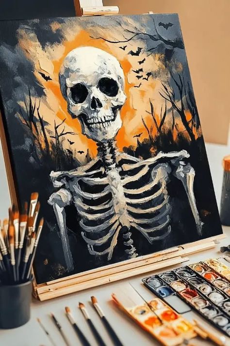 Art And Craft Ideas Halloween, Halloween Paintings Acrylic, How To Trace On Canvas, Skull Painting Ideas On Canvas, Unique Art Pieces, Acralik Painting, Skeleton Painting Acrylic, Art Inspiration Painting Acrylics, Canvas Paintings Ideas