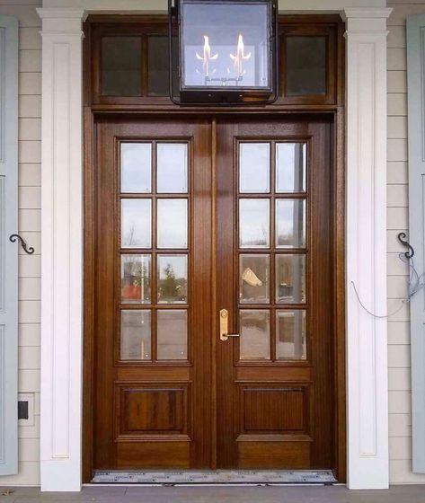 Hatcliff Construction on Instagram: “PROGRESS! These mahogany doors have been stained Dark Walnut. SWIPE 👈🏻 to see the pine ceilings also stained Dark Walnut.…” Stained Wood Cased Opening, Double Mahogany Front Door, Stain For Mahogany Door, Stained Mahogany Front Door, Dark Walnut Front Door, Front Door Stain Colors, Walnut Front Door, Pine Ceilings, Stained Front Door