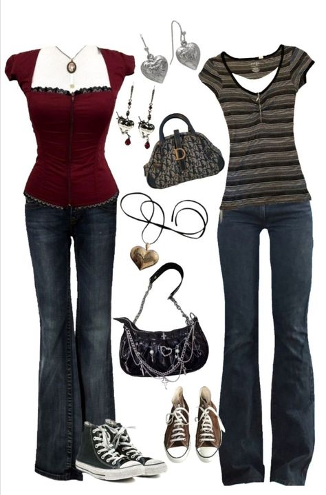 Cute Outfits With Red Converse, Dresses 2000s Style, Femcel Aesthetic Outfits, 2010 Style Outfit, Red And Black Y2k Outfits, Twighlight Aesthetic Outfits, Harry Potter Core Outfits, Class Of 09 Outfits, 2000 Grunge Outfits