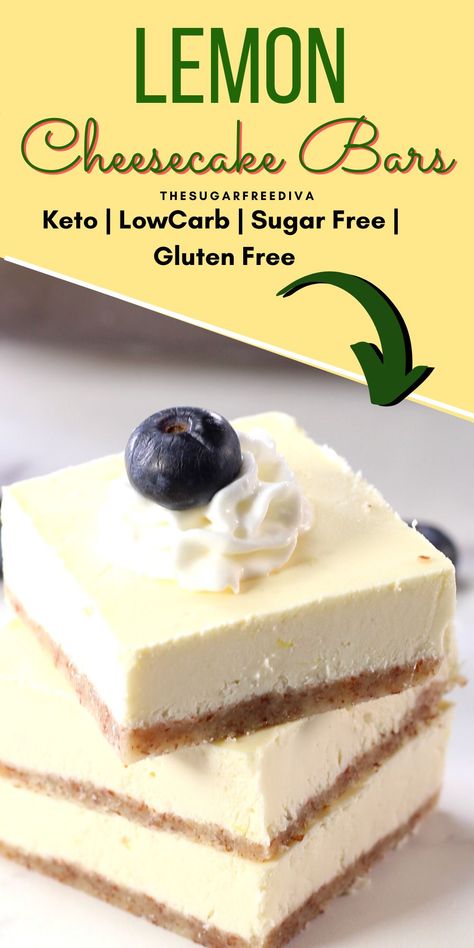 Low Carb Lemon Cheesecake, Sugar Free Low Carb Desserts, Sugar Free Desserts Easy, Low Sugar Desserts, Lemon Cheesecake Bars, Sugar Free Baking, Sugar Free Recipes Desserts, Sugar Free Sweets, Low Carb Low Sugar