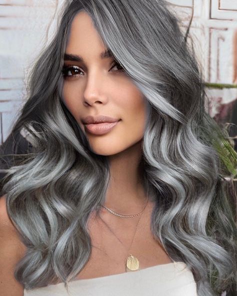 Silver Hair Color Ideas For Brunettes, Silver Wavy Hair, Dark Silver Hair Color, Smokey Silver Hair, Grey Hair Colour, Dark Silver Hair, Grey Hair Model, Feathered Layers, Honey Blonde Hair Color