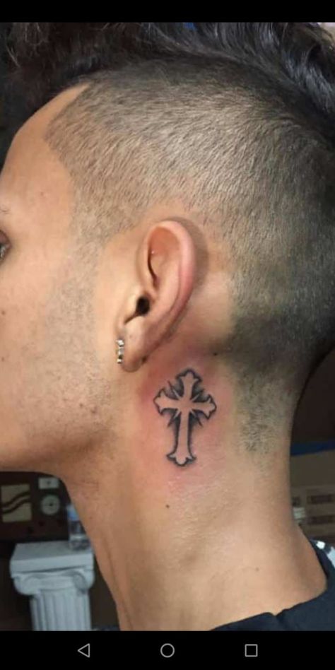 Cross On Neck Tattoo, Cross Face Tattoo For Men, Small Cross On Neck Tattoo, 3 Cross Neck Tattoo, Tattoo Behind Ear Men, Small Cross Face Tattoo, Cross Tattoo Behind Ear, Chrome Hearts Neck Tattoo, Back Of Neck Tattoo Men