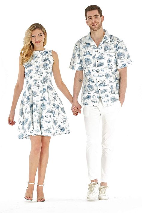 Couple Matching Hawaiian Luau Cruise Outfit Shirt Vintage Dress Classic White Luau Party Outfit, Luau Shirts, Luau Outfits, Couple Matching Outfits, Poncho Dress, Vintage Girls Dresses, Vintage Tropical, Couple Dress, Cruise Outfits