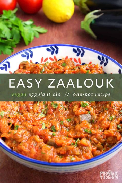 This delicious eggplant zaalouk recipe combines toasted seeds with fresh herbs and lemon for a one-pot dish that's vegan and gluten-free. #vegan #vegandip #auberginedip #eggplantdip #zaalouk #glutenfree Zalook Dip, Zaalouk Recipe, Vegetarian Inspiration, Vegan Appetizers Recipes, Fast 800, Vegan Eggplant, Eggplant Dip, Vegan Entree, Egg Free Recipes