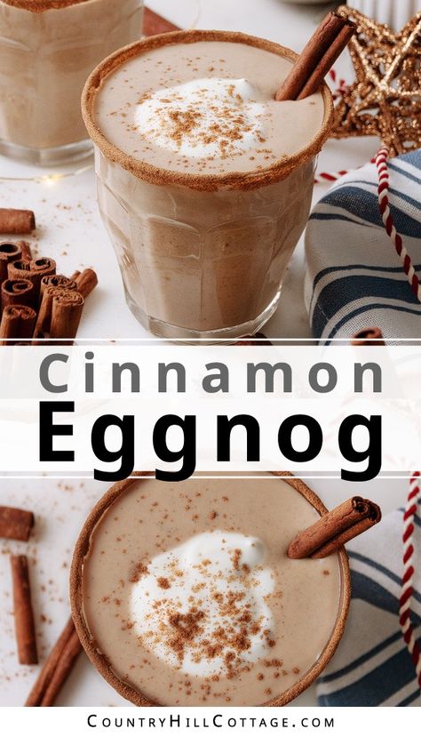 Celebrate the holidays with a festive cinnamon eggnog! This easy spiced eggnog recipe combines creamy eggnog and warming cinnamon for the coziest sip of the season. It's a delicious drink to warm up your festive celebrations. Eggnog is a classic wintertime and holiday drink. It has a rich, creamy texture and is traditionally made with milk, sugar, egg yolks, and sometimes egg whites. This homemade cinnamon eggnog is beautifully thick and creamy and wonderfully spiced. | CountryHillCottage.com Homemade Eggnog With Alcohol, Warm Eggnog Drinks, Egg Nog Recipe Homemade, Sugar Free Eggnog Recipe, Eggnog Treats, Holiday Coffee Drinks, Alcoholic Eggnog, Dairy Free Egg Nog, Eggnog Recipes