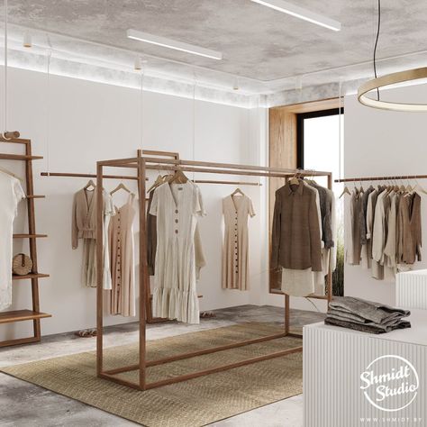 Minimalistic store project| Novosibirsk, Russia on Behance Small Clothes Store Design, Minimalist Boutique Interiors, Small Clothing Store Interior, Clothing Shop Interiors, Small Boutique Interior, Comercial Interior Design, Pipe Clothes Rack, Fashion Showroom, Retail Store Interior Design