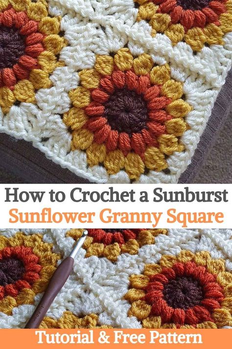 Two Color Granny Square, Make A Tablecloth, Sunflower Granny Square, Beautiful Cushions, Sunburst Granny Square, Granny Square Crochet Patterns Free, Sunflower Colors, Crochet Sunflower, Your Crochet