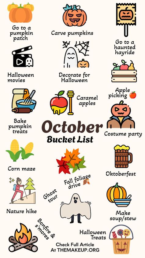 October Bucket List: Fun Fall Activities & Spooky Season Ideas October Fall Activities, Autumn Stuff To Do, Halloween Weekend Ideas, Halloween Month Activities, Kids Autumn Activities, How To Celebrate Halloween, Halloween Bukett List, Things To Do On Halloween Alone, Spooky Season Bucket List