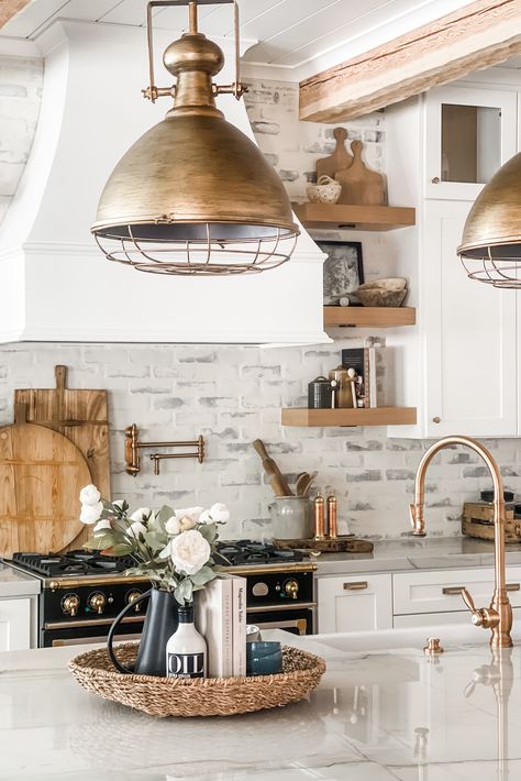 Magnolia Home Kitchen, Bonnie Ryan, Modern Rustic Home Decor, Magnolia Kitchen, Modern Rustic Home, White Marble Kitchen, Magnolia Table, Brass Kitchen Faucet, Modern Rustic Decor