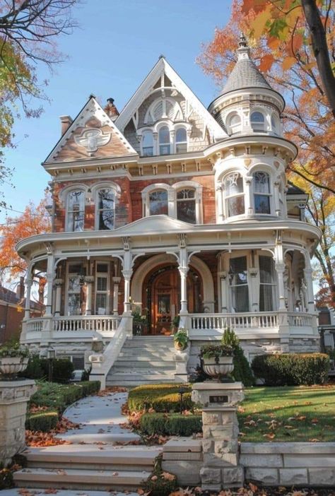 Victorian Homes Fall, Pretty Victorian Houses, Historical Victorian Homes, Fall Victorian House, Old Style Homes Exterior, Old Houses Exterior, Witchy Victorian House, Modern Victorian Architecture, Bloxburg Cozy House Exterior