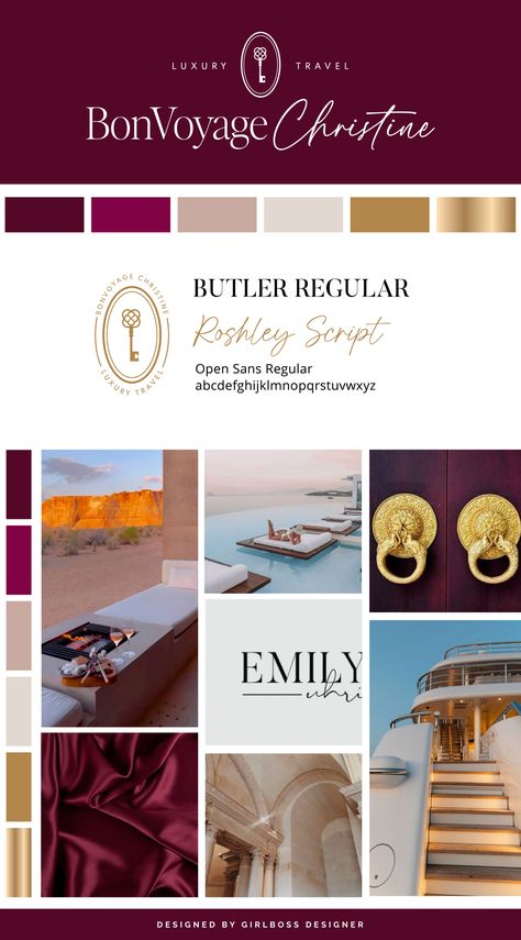 Glamorous and Bold Shades of Magenta, Neutral, and Gold Branding for Luxury Travel Advisor | BonVoyage Christine Bold Photography, Luxury Graphic Design, Luxury Branding Identity, Shades Of Magenta, Brand Colors Inspiration, Look Expensive On A Budget, Luxury Website, Brand Palette, Business Branding Inspiration