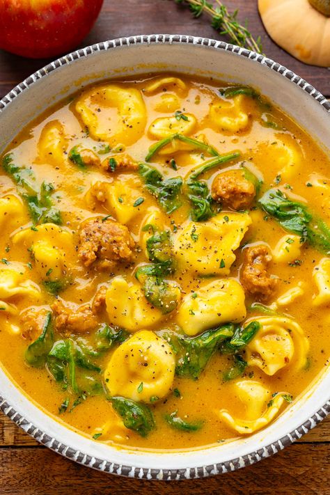 Butternut Squash & Sausage Tortellini Soup., Trader Joe’s Butternut Squash Soup, Butternut Squash Sausage Tortellini Soup, Butternut Squash And Tortellini, Italian Butternut Squash Soup, Butternut Squash Tortellini Soup, Gourmet Fall Recipes, Pumpkin Tortellini Soup, Fall Vegetable Soup Recipes