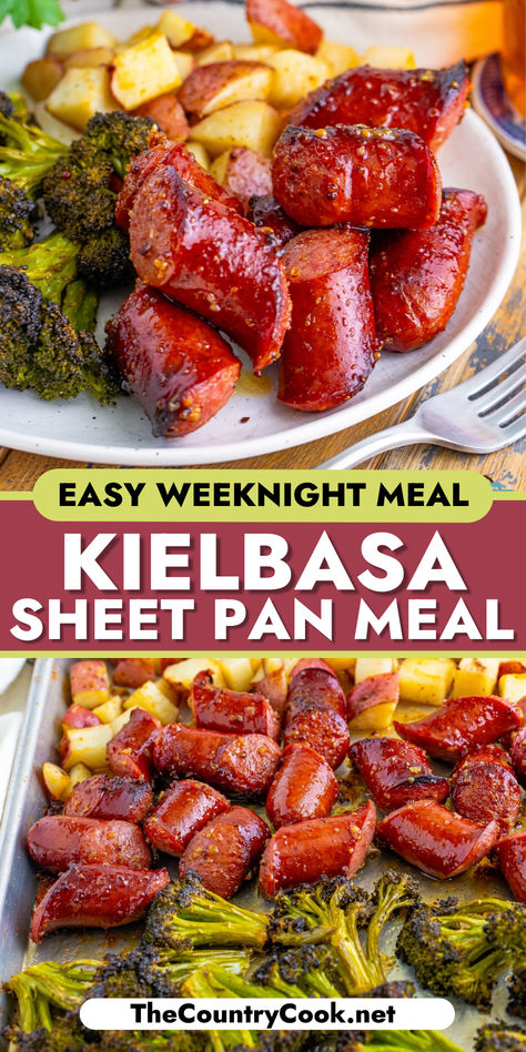 This Kielbasa Sheet Pan Meal features juicy chunks of kielbasa covered in a flavorful sauce with tender diced potatoes and roasted broccoli! Meat Prep Recipes, One Pan Dinners Kielbasa, Keilbasa Recipes Sheetpan, Easy Dinners Sheet Pan, Meat And 3 Vegetable Dinners, Easy Sheet Pan Dinners For Two, Sheet Pan Dinner With Potatoes, Beef Sausage Sheet Pan Dinner, Kielbasa Broccoli Recipes