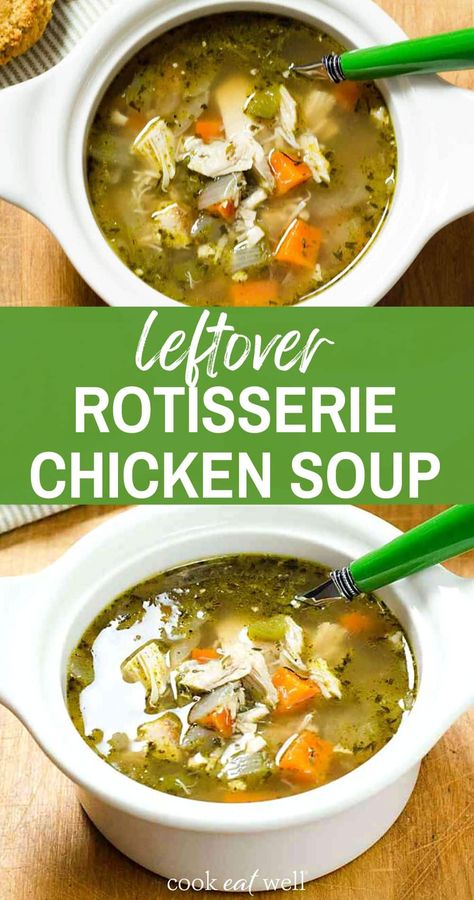 Easy chicken soup recipe made with leftover rotisserie chicken. Here's a super-fast chicken soup recipe. What makes it so quick is using pre-cooked chicken and a few other shortcuts. You can make this soup with a rotisserie chicken—or leftover chicken you've roasted in the oven or cooked in the crockpot. A great quick alternative to slow cooked chicken soup. Gluten free, dairy free, paleo. Leftover Rotisserie Chicken Soup, Chicken Soup Healthy, Easy Chicken Soup Recipe, Leftover Chicken Soup, Crockpot Rotisserie Chicken, Roast Chicken Soup, Paleo Chicken Soup, Rotisserie Chicken Recipes Leftover, Chicken Broth Soup