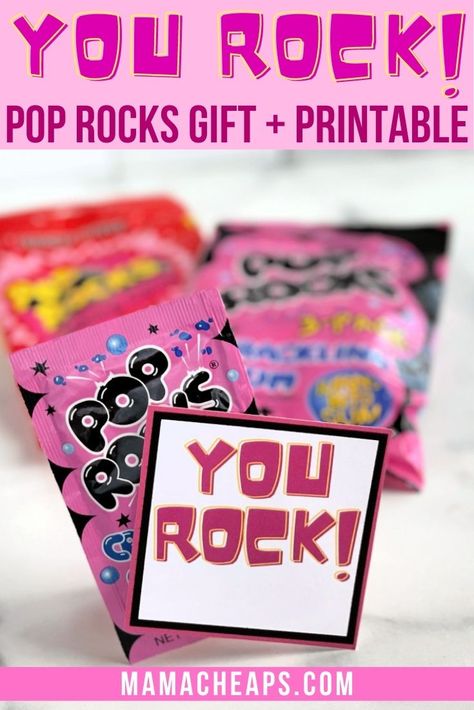 Pop Rocks! This fun candy is such a great throwback! The candy pops and snaps in your mouth before turning into chewing gum. Grab a few packs of Pop Rocks and use them to show some appreciation to teachers or anyone you're grateful for! This would be a great teacher appreciation gift idea if you are gifting to the whole staff! Head to our blog post and get our sheet of free printable tags for the perfect finishing touch! #candy #teacher #teacherappreciation #printable #diy #mamacheaps Pop Rocks Gift Tag, Dsp Week, Appreciation Themes, Parent Appreciation, Resident Appreciation, Pop Rocks Candy, Rock Sayings, Teacher Appreciation Themes, Locker Signs