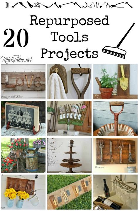 repurposed tools via Knick of Time Repurpose Old Tools, Old Tools Decor Ideas, Repurposed Garden Tools, Repurposed Tools, Old Farm Tools Decor Rustic, Repurposed Junk, Tractor Implements, Diy Rustic Decor, Farm Tools