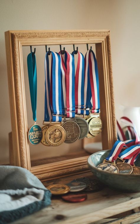 A DIY medal display project featuring a homemade frame and hooks to showcase race medals. Ways To Display Medals, Diy Medal Display, Runner Medal Display, Medal Display Ideas, Diy Medal, Display Medals, Race Bib Display, Hanging Medals, Race Bib Holder