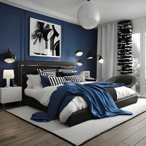 Navy Bedrooms, Dark Blue Bedrooms, Blue Bedroom Walls, Navy Blue Bedrooms, Blue Bedroom Design, Blue Bedroom Decor, Gray Bedroom, Blue Rooms, Blue Bedroom