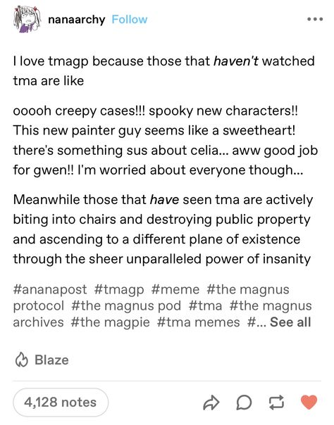 tmagp | the magnus protocol | @nanarchy on tumblr Mr Bonzo Magnus Protocol, Needles Tmagp, The Magnus Protocol, Magnus Protocol, Magnus Institute, The Magnus Archives, Text Memes, Fandom Funny, Crossover